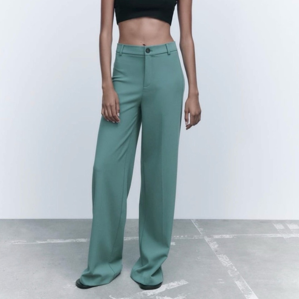 ZARA Full Length Wide Leg Teal Green Pants Size XS Like New